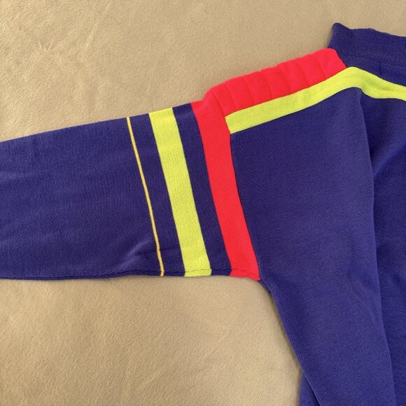 Vintage Slalom Mens Ski Sweater Royal Blue Neon Lime Fuchsia 80s 90s LG 1/4 Zip - Picture 6 of 12